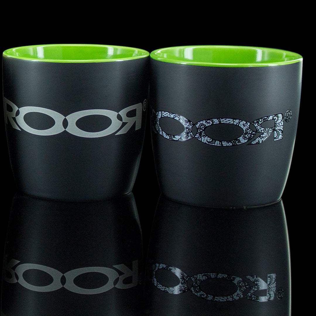 ROOR Collectors Mugs, ceramic, 12 oz, matte black exterior, green interior, assorted decals.