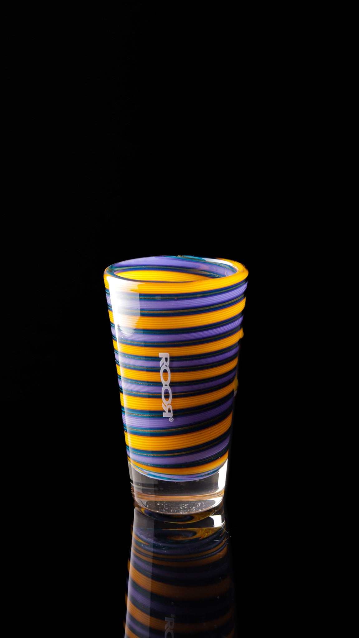 ROOR® Shot Glass Custom Worked with colorful swirls and white logo on thick clear base.