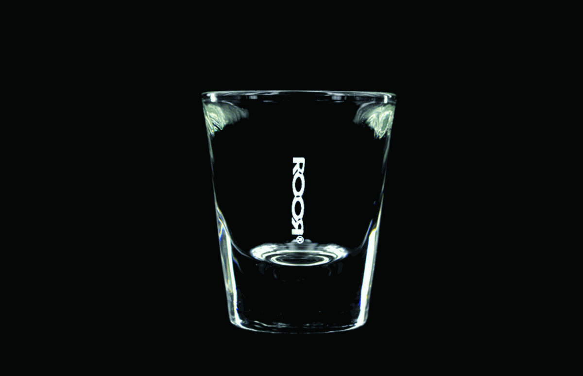 ROOR Shot Glass with thick clear base, 1oz, featuring assorted decal colors.