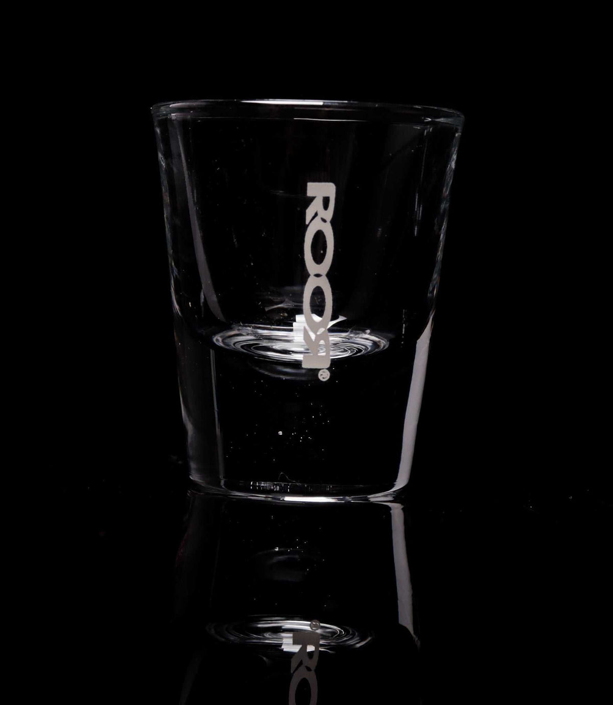 ROOR Shot Glass with thick clear base, 1oz, assorted decal colors.