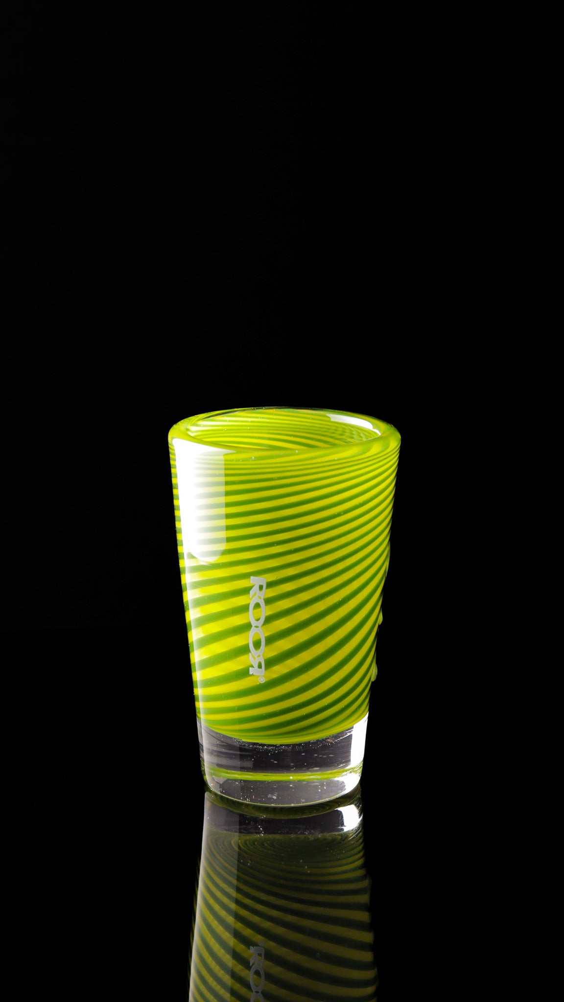ROOR® Shot Glass Custom Worked with green and yellow stripes, clear base, and white decal.